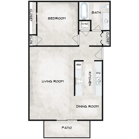 Floor plan for 1 bed, 1 bath, 830 sqft